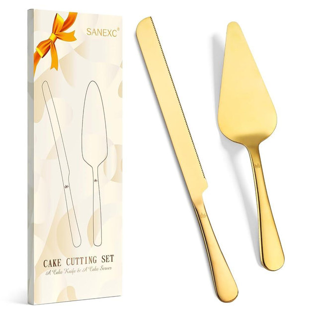 SANEXC Cake Cutting Set for Wedding - Extended Cake Knife And Server Set Thickened Stainless Steel Cake Cutter and Pie Spatula Great for Birthday Anniversary Christmas Gift Gold 2 Pcs