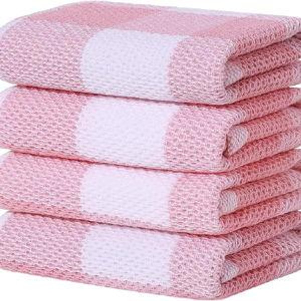 Homaxy 100% Cotton Waffle Weave Check Plaid Kitchen Towels, 13 x 28 Inches, Super Soft and Absorbent Dish Towels for Drying Dishes, 4-Pack, White & Pink