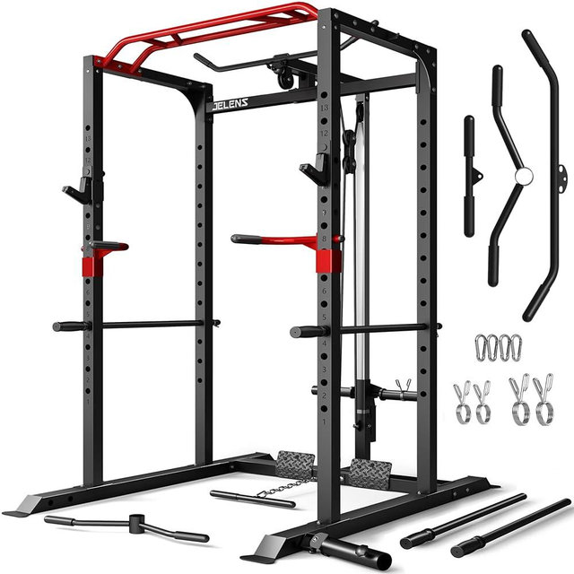 JELENS Power Cage, 2000LBS Multi-Function S11 Power Rack with LAT Pulldown, Squat Rack with Adjustable Pulley System and More Training Attachments, Weight Workout Machine for Home Gym