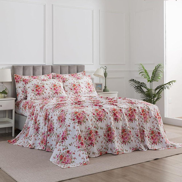 Puralens Shabby Floral Chic Bed Sheets Queen Size 100% Cotton 4Pcs Set, Vintage Pink Red Flower Patterned Deep Pocket Fitted Sheet Set, Soft Percale White Boho Bedsheets, Cute Garden Bedding