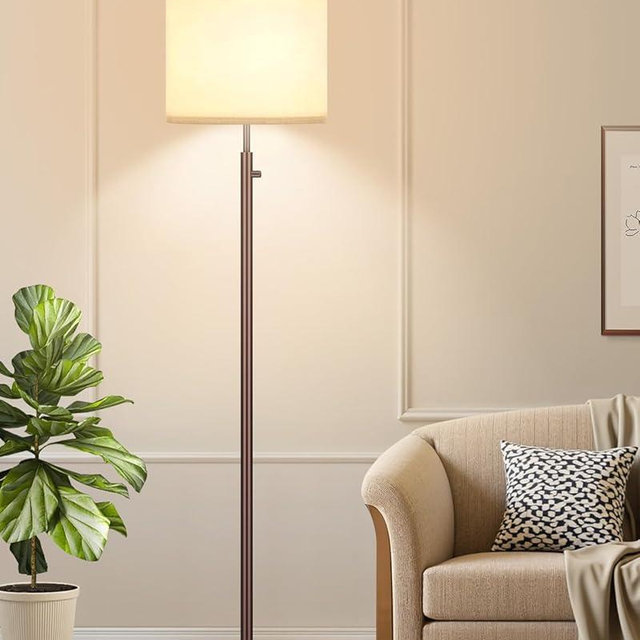 Nintiue 【Upgraded】 Dimmable Floor Lamp for Living Room, 11W LED Bulb Included, Modern Standing Lamp with Marble Base, Tall Pole Light with Linen Shade for Bedroom Reading Office Corner Nursery-Brown