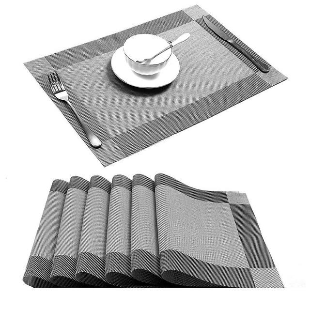 U'Artlines Placemat, Crossweave Woven Vinyl Non-Slip Insulation Placemat Washable Table Mats Set of 6 (6pcs placemats, Silver-Gray)