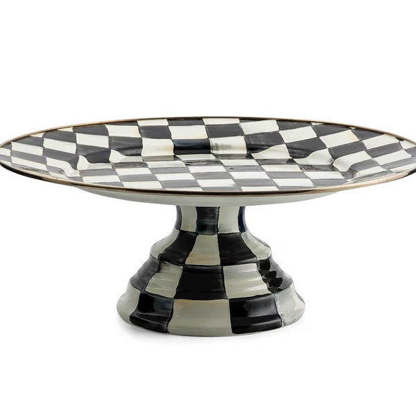 MACKENZIE-CHILDS Enamel Pedestal Platter, Round Cake Stand, Large, Black-and-White Courtly Check