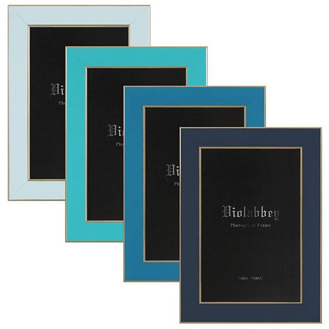 Violabbey 4x6 Picture Frames Set of 4, Colorful Photo Frame of Modern Style, High Definition Tempered Real Glass, Wall Mounted or Tabletop Display (Blue Series)