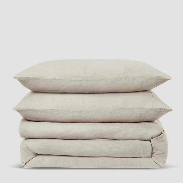 Mushroom Gingham Linen Blend Duvet Set, Queen
