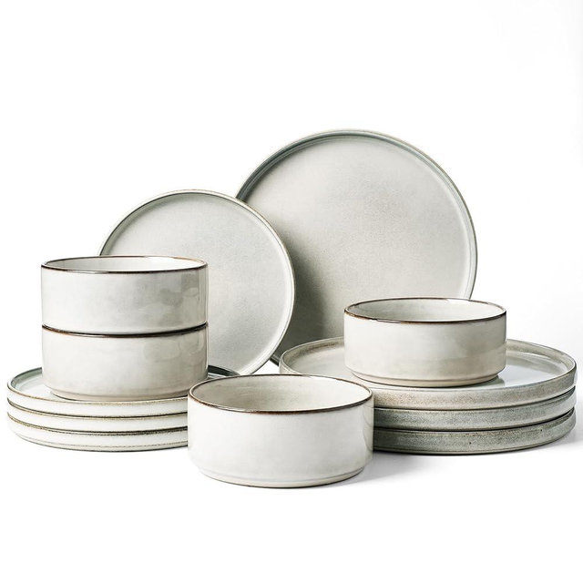 Famiware Annecy Plates and Bowls Sets, 12 Pieces Dinnerware Sets, Microwave and Dishwasher Safe Dishes Set for 4, Chip and Scratch Resistant, Grey-White
