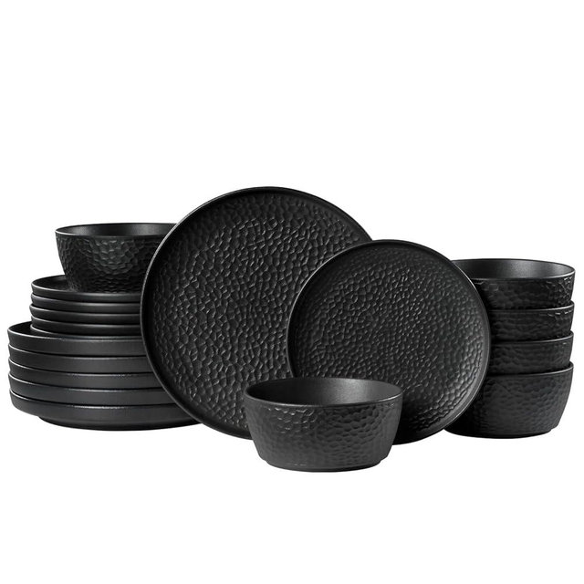 KINGSTONE Ceramic Dinnerware Set, 18-Piece Porcelain Plates and Bowls Set for 6, Matte Black or White, Hammered Texture, Microwave, Dishwasher & Oven Safe, Perfect for Home, Weddings & Gifts