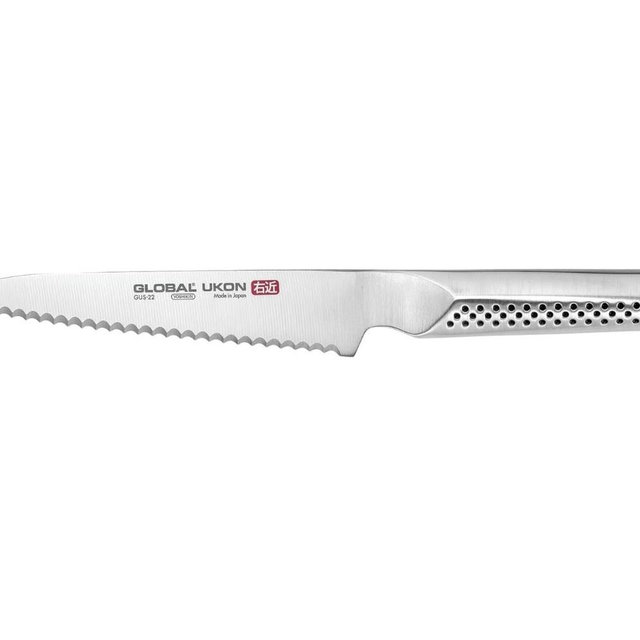 Global Ukon 6 inch Serrated Utility Knife - Lightweight Japanese Stainless Steel, Razor Sharp Edge, Ambidextrous Thumb Rest, Made in Japan, GUS-22