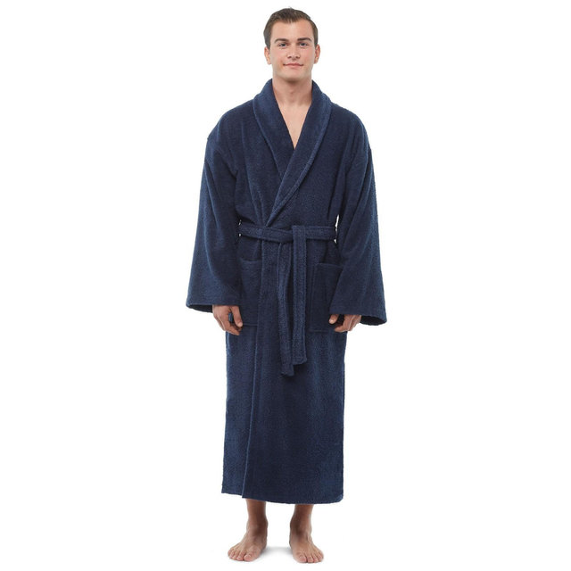 Arus Men's Mid-Calf Turkish Terry Cotton Robe, Shawl Collar Bathrobe , Dark Blue , Small/Medium