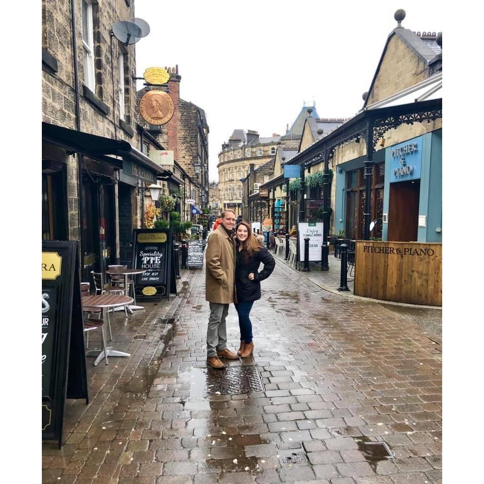 Strolling the streets of Harrogate. Megan's first trip overseas!