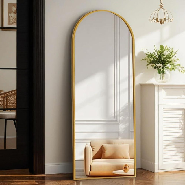 TRUNBACK 64"x21" Full Length Mirror with Stand, Shatterproof Arched Floor Mirror, Aluminum Alloy Thin Frame - Freestanding/Leaning/Wall Mount for Bedroom, Living Room & Entryway (Gold)