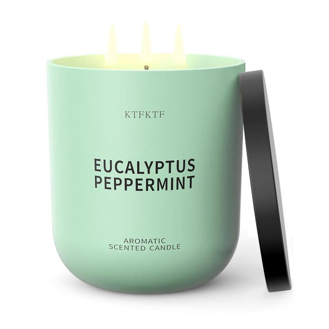 KTFKTF Eucalyptus Peppermint Scented Candle for Home, 14.2oz 80 Hours Long Lasting Aromatherapy Candles for Stress Relief & Energy, Non-Toxic Essential Oil & Soy Wax | Cooling Mint & Woody Aroma