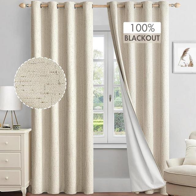 MIULEE Linen Textured 100% Blackout Curtains for Bedroom 96 Inches Long Natural Beige Thermal Insulated Black Out Curtains/Draperies with White Liner for Living Room/Nursery, Grommet Top, 2 Panels