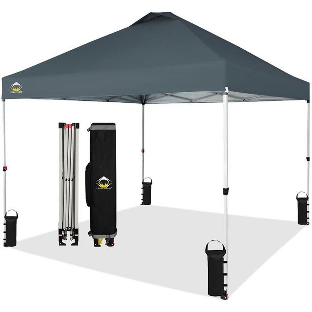 CROWN SHADES 10x10 Pop Up Canopy - Beach Tent with One Push Setup - Easy Outdoor Sun Shade for Events, Parties, Camping - Gazebo with STO-N-Go Cover Bag, Silver Coated Top, Grid Grey