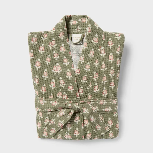 L/XL Floral Waffle Bath Robe Green/Pink - Threshold™