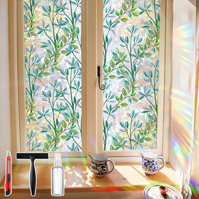 Window Privacy Film with Cutting Grid, Non-Adhesive Stained Glass Window Film Decorative, Static Cling Privacy Window Film (Leaf Rainbow,17.5 X 78.7 inch)