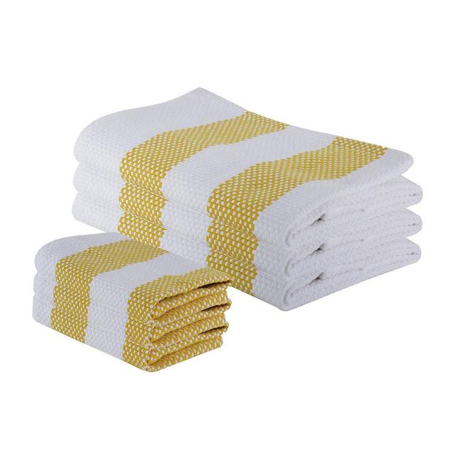 The Weaver's Blend Set of 3 Kitchen Towels + 3 Dish Cloths, Basket Weave, 100% Cotton, Absorbent, Size 28”x18” and 12’x12”, Yellow Stripe,Kitchen Towels and Dish Cloths