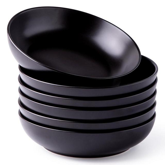AmorArc 8.5 Inch Stoneware Pasta Bowls, 32oz Large Bowls Set of 6 for Kitchen, Wide Bowls for Pasta,Salad,Oatmeal, Microwave&Dishwasher Safe, Matte Black
