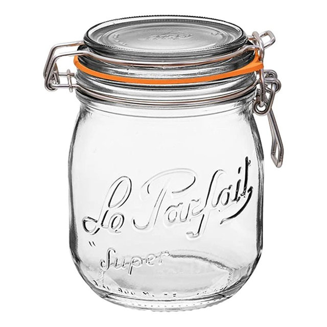 Le Parfait Super Jar - 750ml French Glass Canning Jar w/Round Body, Airtight Rubber Seal & Glass Lid, 24oz/Pint & Half (Pack of 4) Stainless Wire