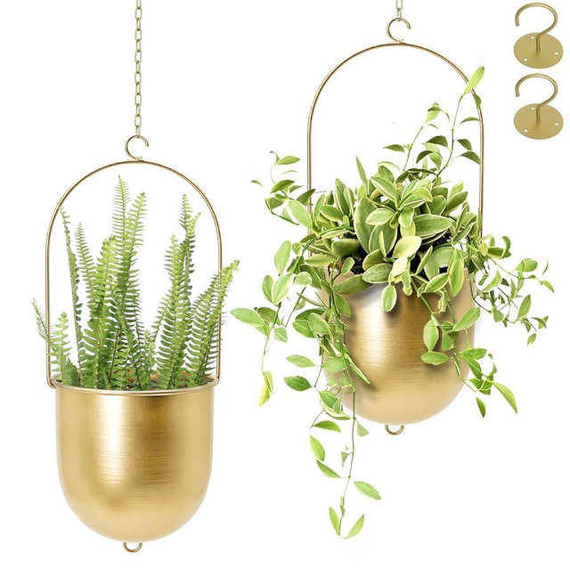 AceList Boho Hanging Planter, Set of 2 Gold Metal Plant Hanger with Hooks and Chains, Modern Wall & Ceiling Planters Outdoor/Indoor Hanging Planter for Window, Porch, Balcony and Home Décor