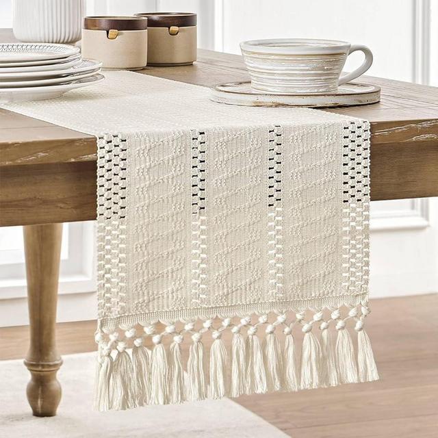 ZeeMart Macrame Style Boho Table Runner, Ivory Table Runners 60 Inches Long, Farmhouse Woven Home Decor, 12x60 Inch, Ivory