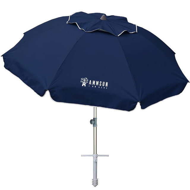 AMMSUN 7ft Beach Umbrella with Sand Anchor Sand Screw, Tilt, Windproof, Sun Protection,UPF 50+ Silver Coating Inside and Telescoping Pole for Outdoor Patio (Solid Navy)