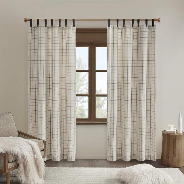 Madison Park Anaheim Cabin Plaid Curtain Window, Thermal Insulated Fleece Lining, Living Room Decor Light Blocking Drape for Bedroom, 1-Single Panel Pack, 50" x 84", Faux Leather Tab, Natural