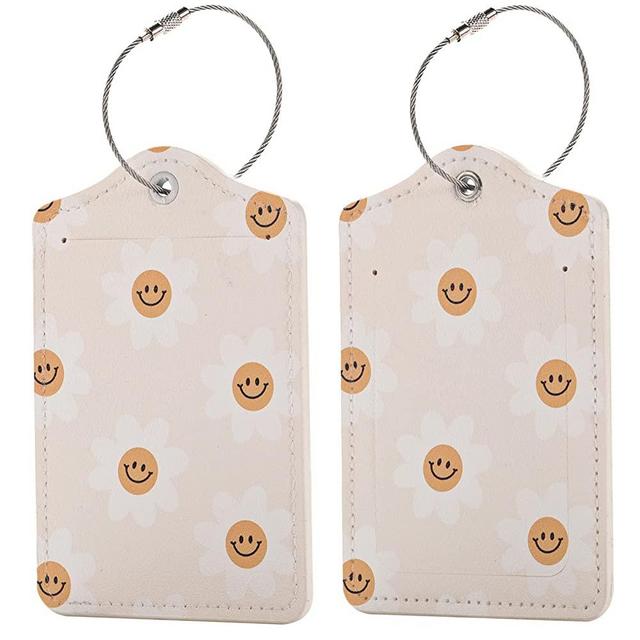 2 PCS Cute Sunflower Flowers Smile PU Leather Luggage Tag for Suitcase Identifiers Privacy Name Address Label Card Tags with Stainless Steel Loop Women Men Travel Luggage Accessories