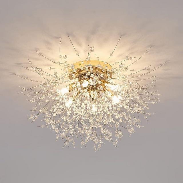 6-Light Sputnik Flush Mount Ceiling Light Fixture, Modern Gold Crystal Firework Ceiling Lights, Close to Ceiling Lamp for Bedroom Kitchen Hallway Entryway Bathroom