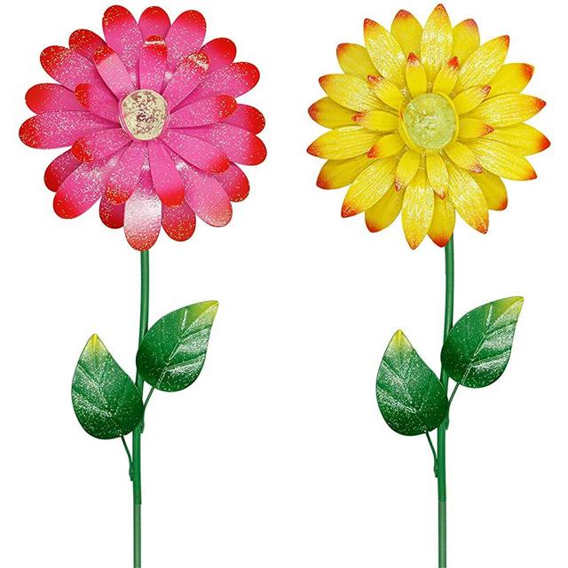 Juegoal 25 Inch Flower Garden Stakes Decor, Shaking Head Metal Outdoor Sunflowers Daisy Glow in Dark Metal Yard Art, Indoor Outdoor Lawn Pathway Patio Ornaments,Set of 2