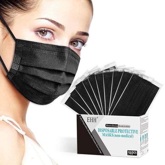 Black Disposable Face Masks, Individually Wrapped, Breathable Face Mask for Men Women, 3- Ply, Comfortable Adult Masks with Adjustable Nose Wire & Elastic Ear Loop 50 Pcs, Black