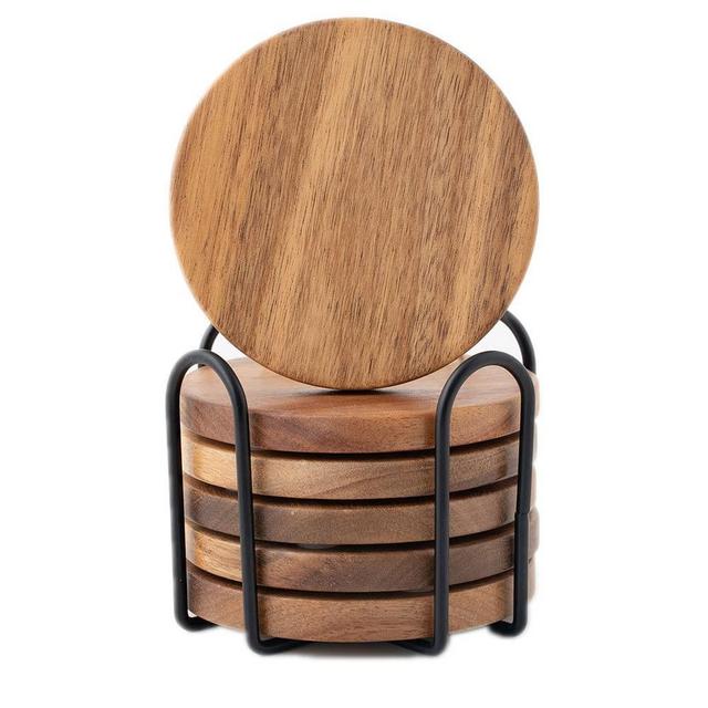 Wood Coasters for Drinks with Holder, 6 Pcs Acacia Wooden Coasters Round with Non-Slip Pad Furniture Protection for Home Office Apartment Decor 4 Inch