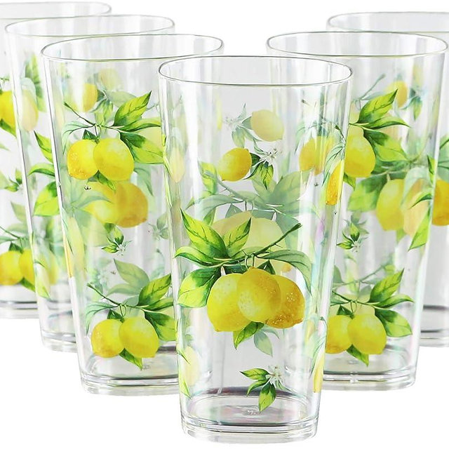 Reston Lloyd Calypso Basics Fresh Lemons 19 oz Acrylic Drinkware Set of 6 – BPA-Free, Indoor/Outdoor, Dishwasher Safe, Lemons with Bees