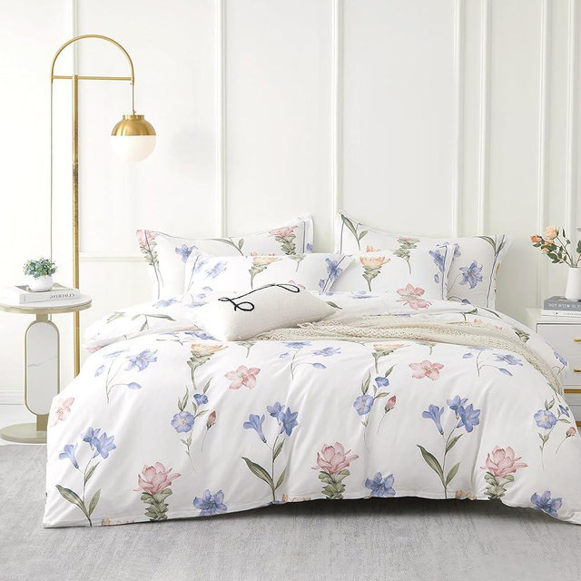 ALEISSEL Natural Cotton 3pcs Floral Comforter Sets King Size - White Comfoter with Blush,Blue & Beige Floral Prints, Neutural Refresh Lightweight Bedding Sets(King 104"×90")