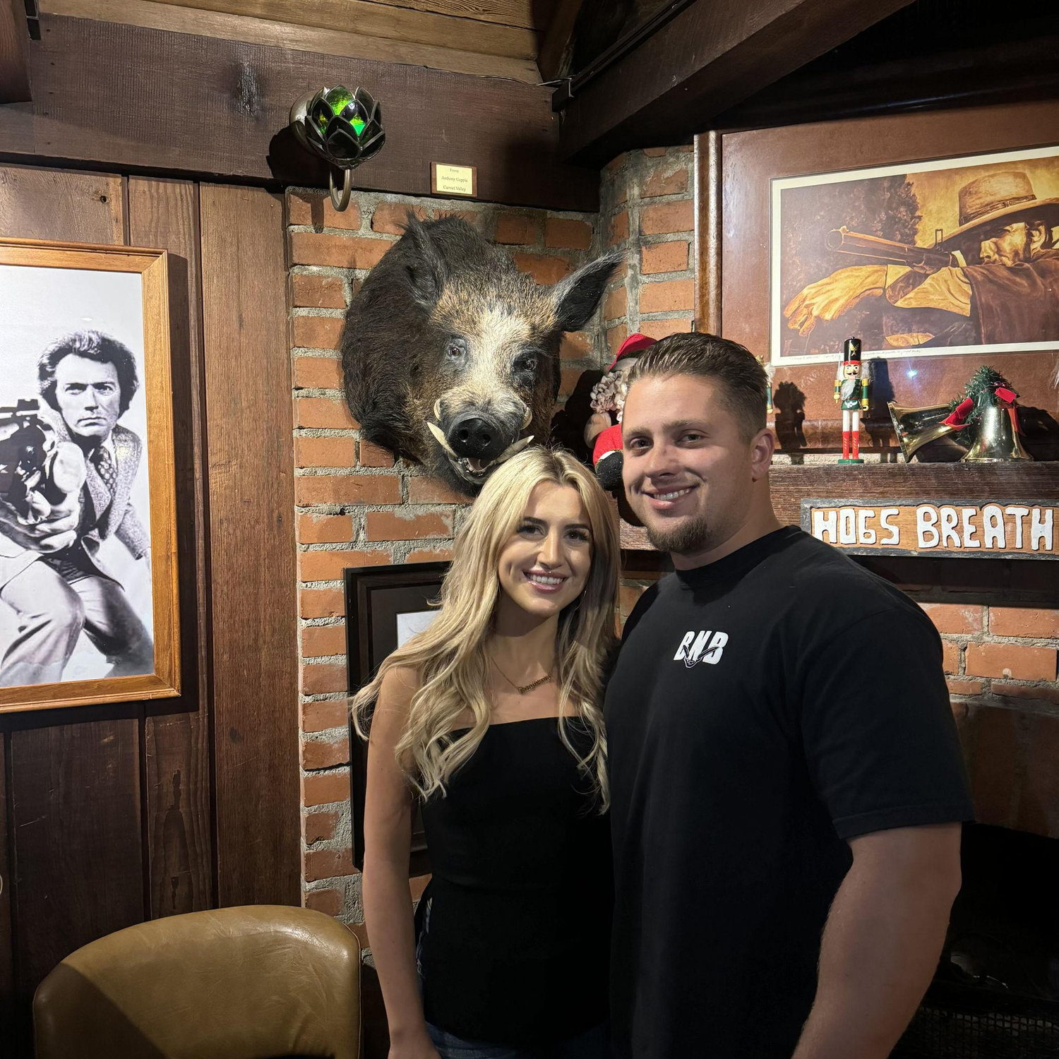 At Hogs Breath in Carmel with Anthony’s Boar head mount they have hung in the bar!