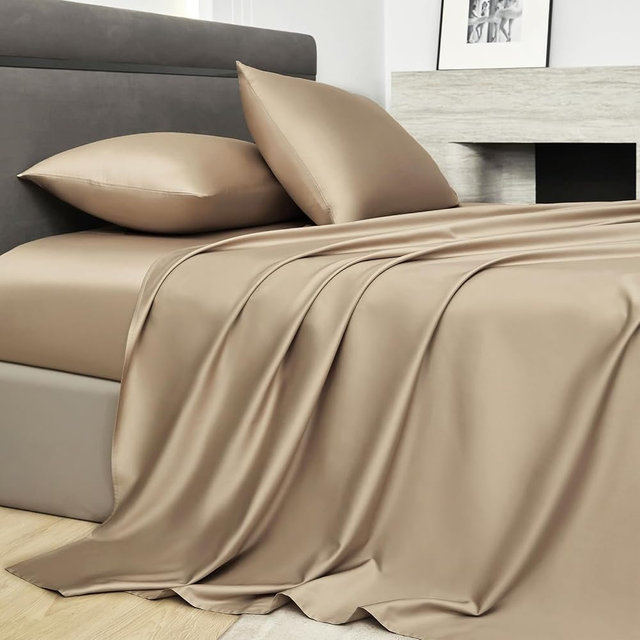 PURE ERA Sheet Set 800 Thread Count Long Staple Cotton Sateen Silky Soft Luxurious Smooth 4 Piece Set Dark Dessert Beige Queen