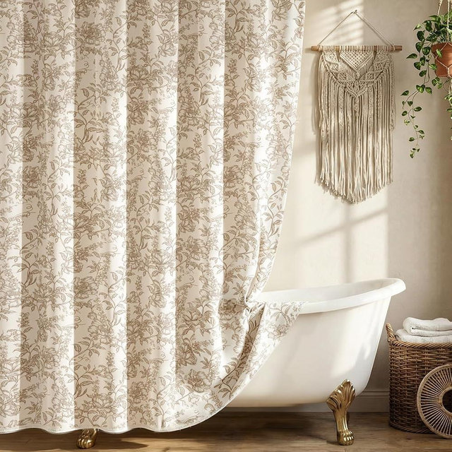 Blgiont Farmhouse Beige Floral Shower Curtain with 12 Clear Rings, Fabric Faux Linen Shower Curtain Set, Vintage Cottagecore Shower Curtain for Bathroom 72" W x 72" L