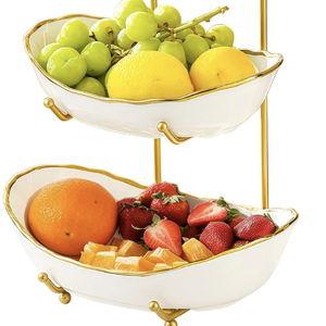 Ceramic Fruit Bowl for Kitchen Counter - 3 Tier Fruit Basket with Metal Stand, Tiered Fruit Stand for Countertop, Snack, Nuts, Cake, Dessert, Cute (Gold-rimmed, Small)