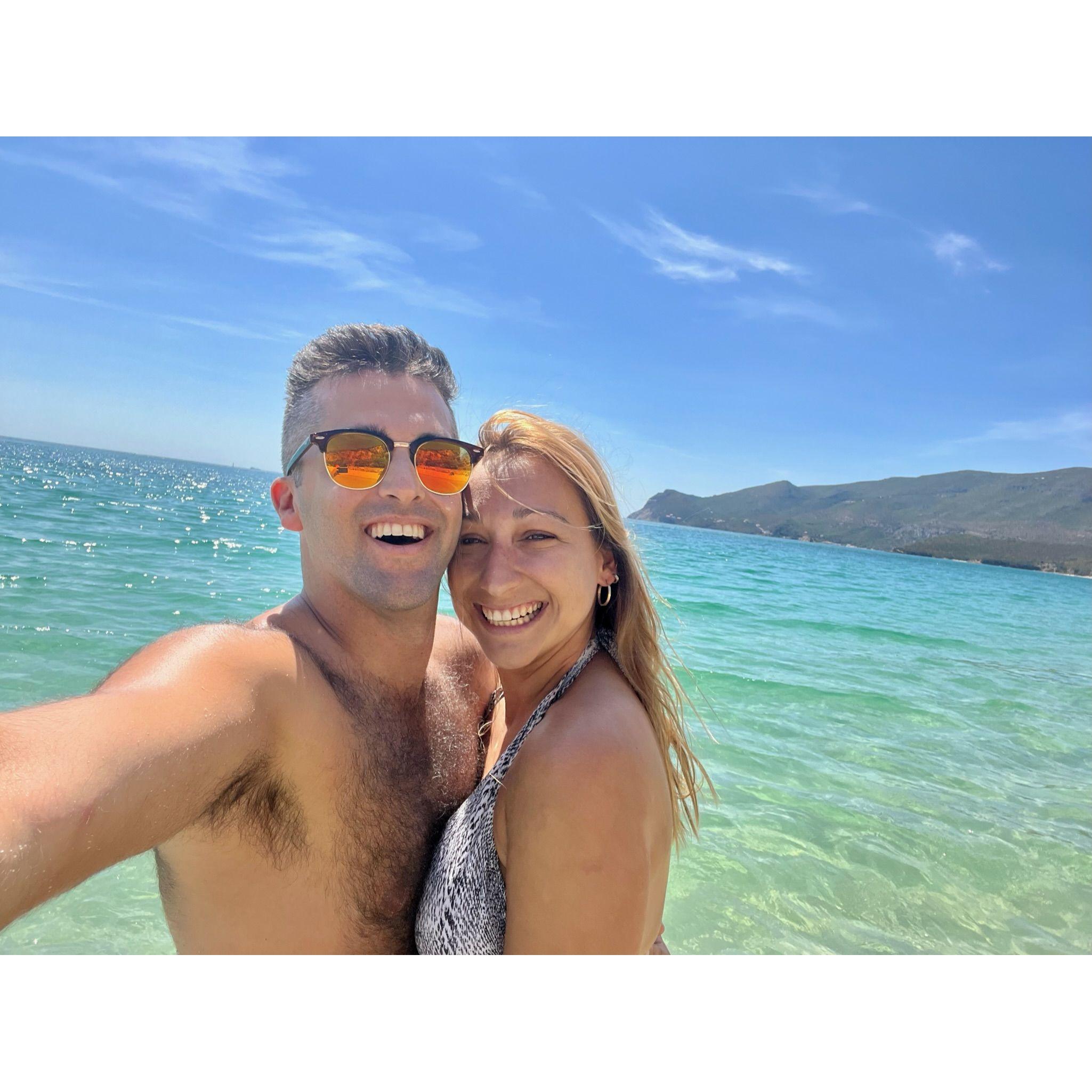 Don't be fooled by the beautiful water, we were absolutely freezing while taking this photo at a beach in Lisbon