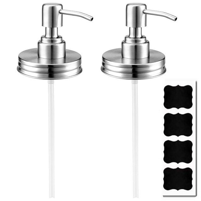 Soap Dispenser Pump Lid 2 Packs for Regular Mouth Mason Jar 16 oz with Lable 4 pcs Rust-Proof Stainless Steel Lotion Dispenser Replacement Silver Color