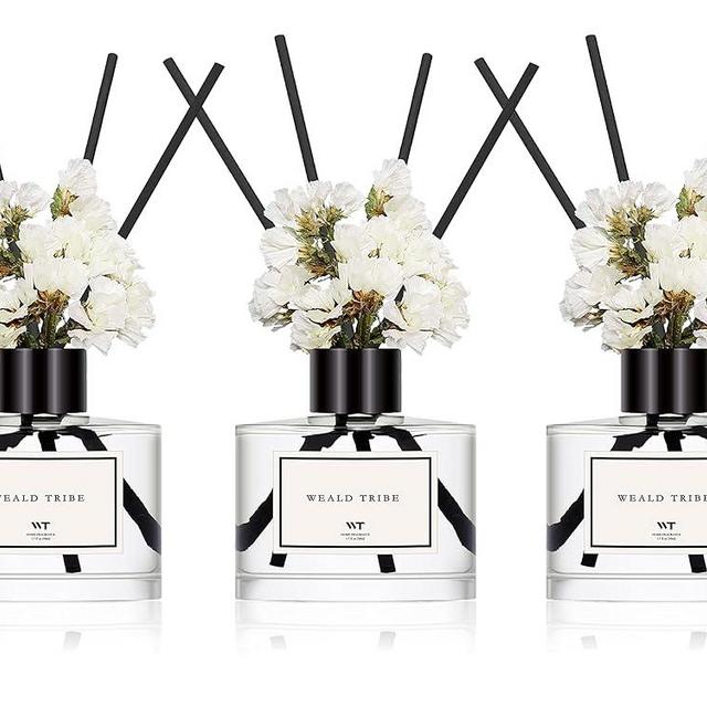 Real Flower Reed Diffuser Set Of 3 For Bathroom Air Fresheners, Oil Diffuser Sticks | Fresh Linen/Ocean/Eucalyptus & Mint Scent(1.7 fl oz Each Pack) Home Fragrance With 12 Stick | Shelf Decor