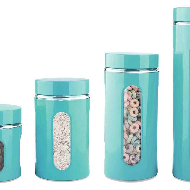 Home Basics 4-Piece Glass Canister Cylinder Set with Clear Window (Turquoise)
