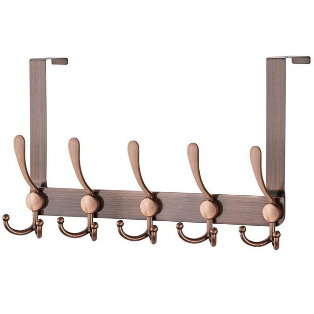Over The Door Hook Heavy Duty Door Hanger Coat Rack with 5 Tri Hangers for Hanging Keys Hats Clothes Umbrellas Towers on Back of Bathroom Bedroom Closet Doors(Red Copper, 1 Pack)