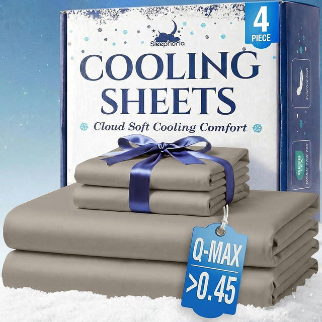 SLEEPHORIA Cooling Sheets - BreezeWeave 4 PC Queen Size Cooling Bed Sheets for Hot Sleepers & Deep, Cool Rest - Cloud Soft, Silky Smooth, 16 in Deep Pocket, Ultra Durable (Beige)