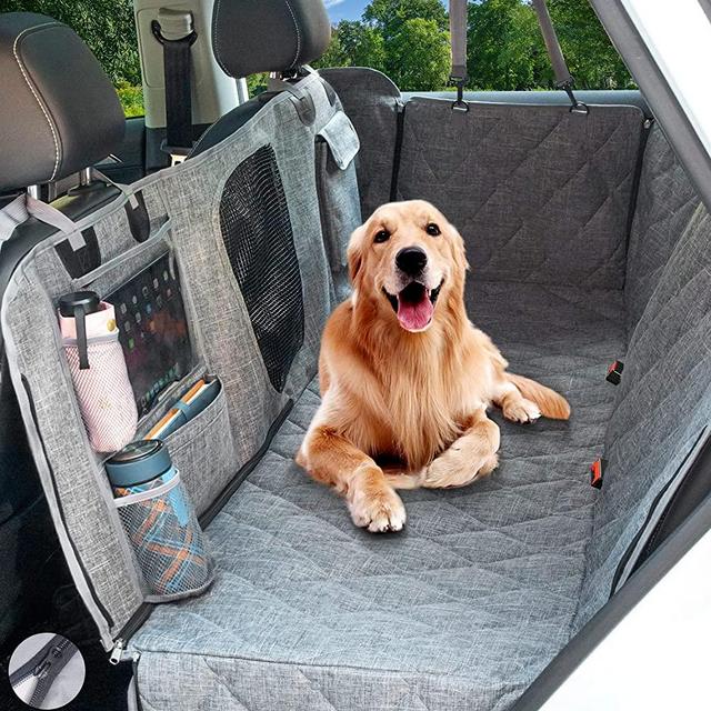 Hanjo Pets Car Dog Cover Back Seat - Car Hammock for Dogs Waterproof - Dog Car Seat Cover for Back Seat with Mesh Window Multiple Pockets For Car/Truck/SUV Nonslip Rubber Back Washable Luxury Material