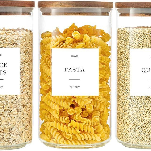 GENSTEUO Set of 3 Glass Pantry Jars with Acacia Wood Lids, 45oz Airtight Glass Kitchen Canisters with 105 Labels, Clear Pantry Storage Containers for Coffee, Sugar, Oats, Pasta, Cookies