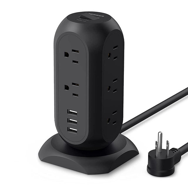 TESSAN Surge Protector Power Strip Tower with 3 USB Ports 11 Outlets, 1875W/15A, Black Extension Cord 6 Feet, Multiple Outlets Desktop Charging Station, Desk Accessories, Dorm Room Essentials