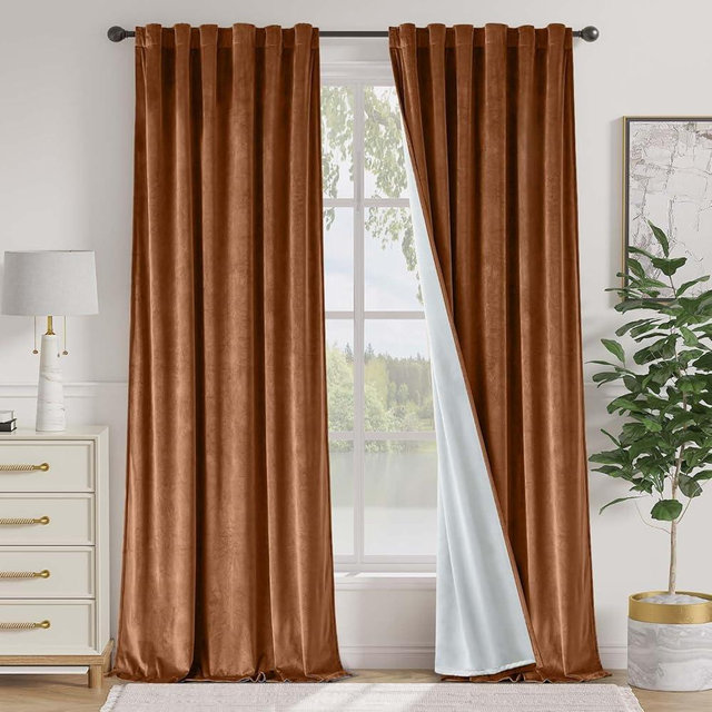 Lazzzy Burnt Orange Velvet Curtains 108 Inches Long Blackout Thermal Insulated Room Darkening Lined Curtain Drapes Back Tab Window Treatments for Bedroom Living Room 2 Panels,52 x 108 Inch, Caramel