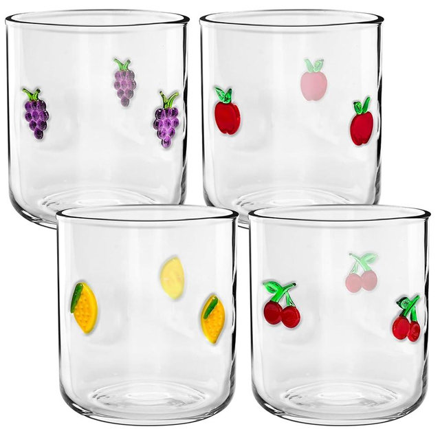 Sel Natural 4 Pcs Fruit Icon Juice Glasses Set, 14oz Cherry Lemon Apple Grape Anthropologie Glass Cup Icon Stemless Coffee Cocktail Glassware Cup for Birthday Summer Party Supplies Gift