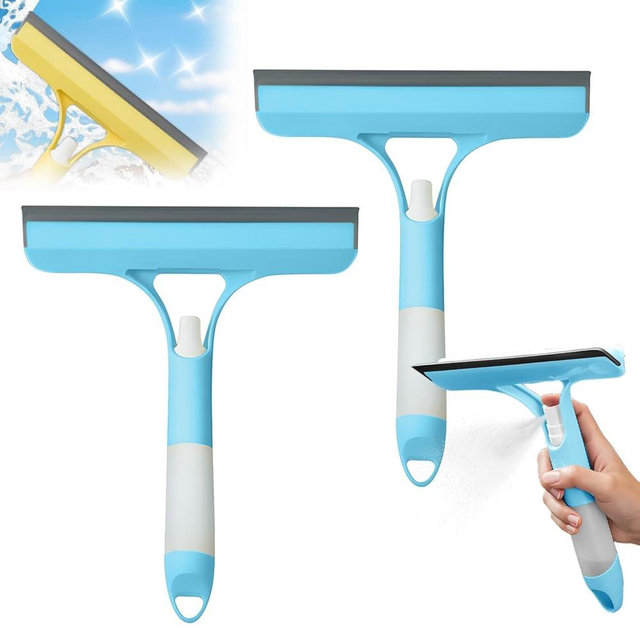 2-Pcs 3 in 1 Window Cleaning Scraper, 2025 Upgraded Shower Squeegee for Glass Doors and Tile Cleaning Scraper, 3-in-1 Multifunction Squeegee for Window,Bathroom,Car Windshield,and Kitchen (2PCS Blue)